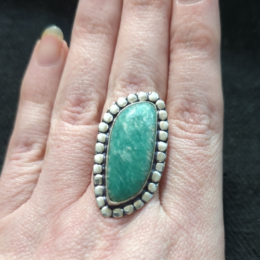 Silver Plated Teal Blue Green Amazonite Gemstone Statement Ring - size 8